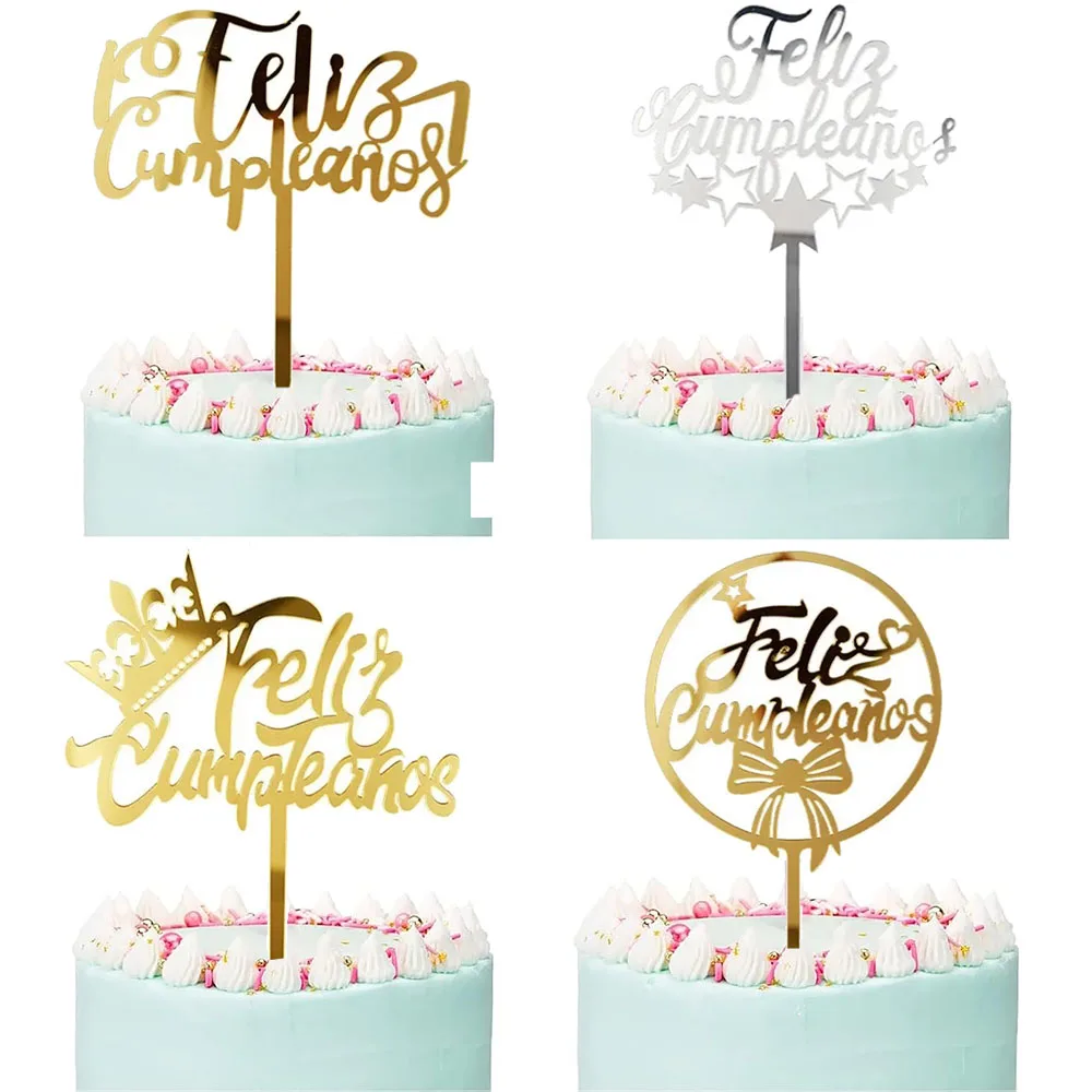 Acylic Feliz Cumpleanos Espanol Spanish Happy Birthday Cake Topper Gold Crown Design Cupcake Baking Supplies Party Decoration