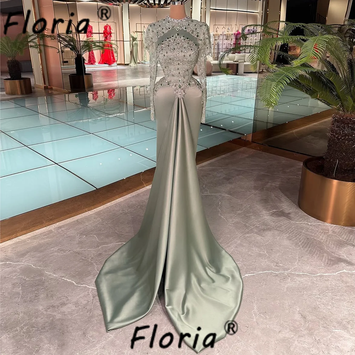 Robe de soirée en Satin vert perlé, élégante, style sirène, cristal, manches longues, robes de bal, femme musulmane, personnalisées