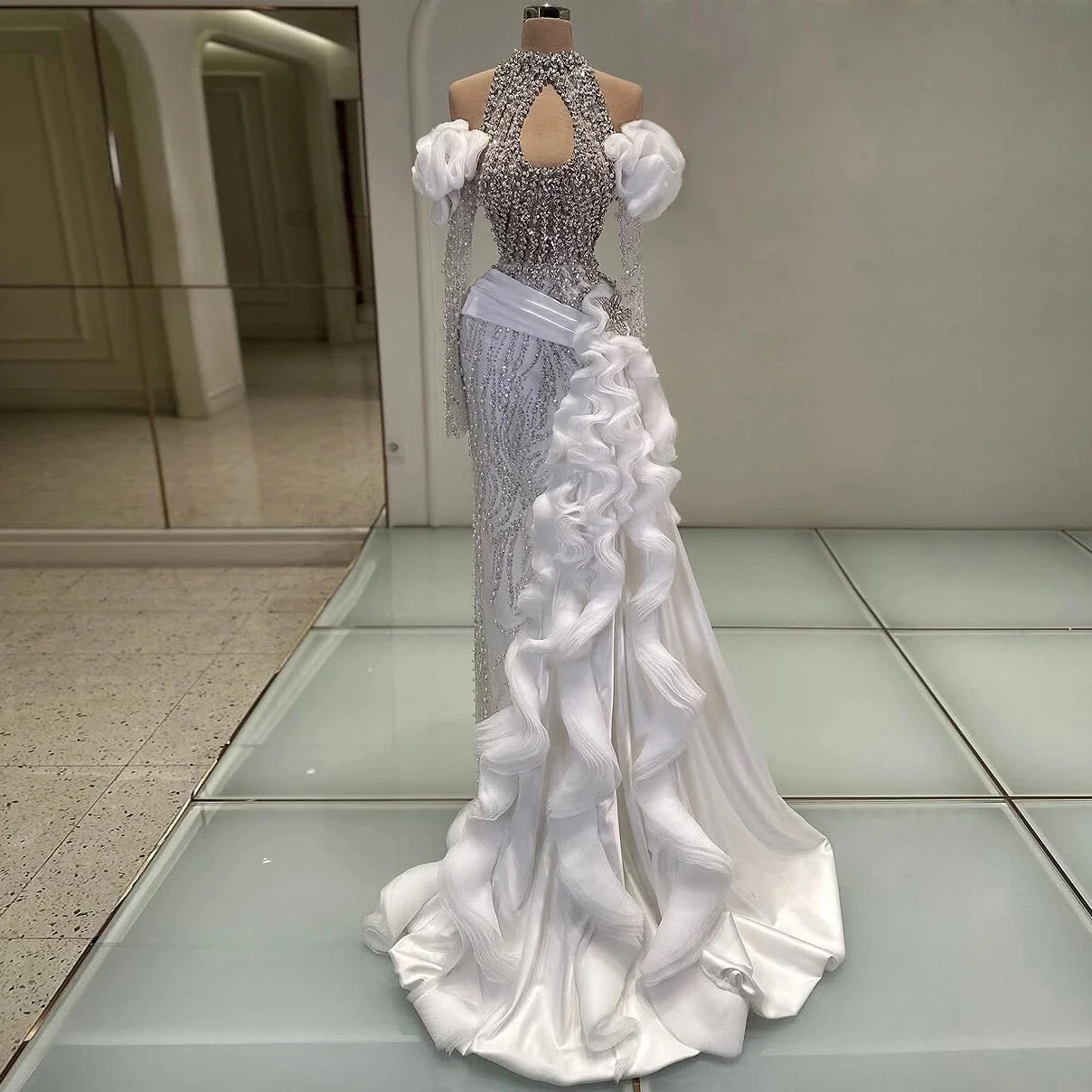 White Luxury Evening Dress hollow out neckline pearl rhinestone evening dress ruffled edges tail seven quarter sleeve party gown