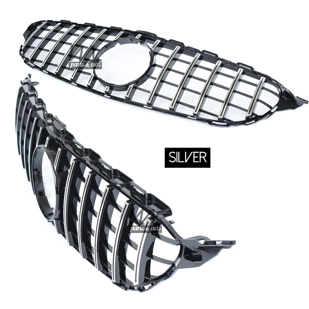 W205 GT Grill, Silver Panamericana Front Grille for 2015 - 2020 Mercedes C Class A205 Convertible C205 Coupe S205 All-Terrain