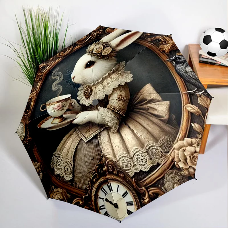 Retro Coffee Bunny Umbrella Automatic Open/close, Sturdy Iron Frame & 8-Rib Structure, Umbrella for Women & Men, Christmas Gifts