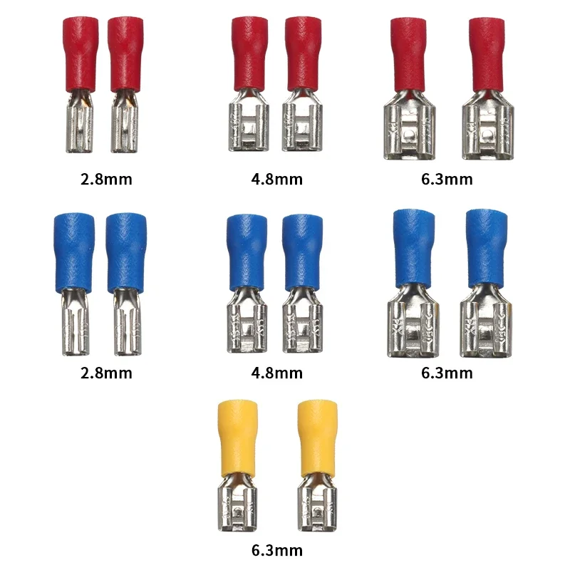100/50/10pcs Female Crimp Terminal 2.8mm 4.8mm 6.3mm Insulated Spade Wire Connector Electrical Wiring Cable Plug Red Blue Yellow