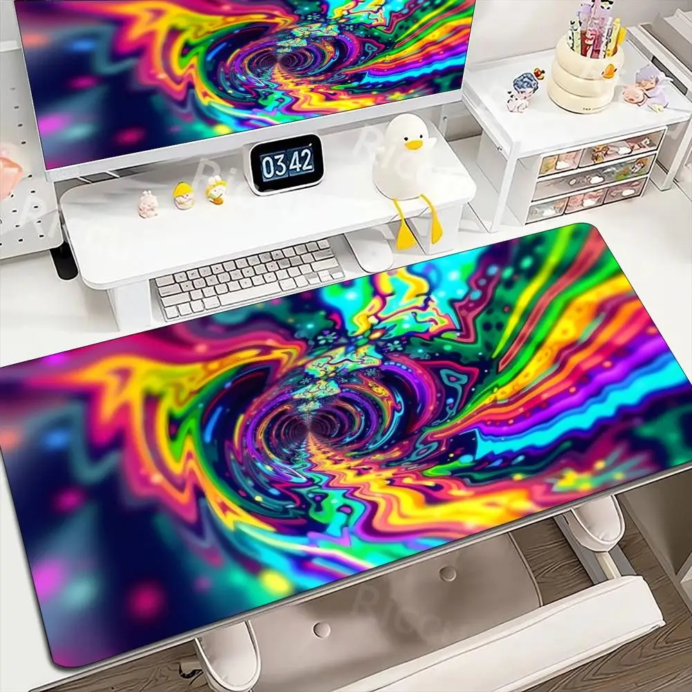 Rainbow Psychedelic Swirl Tunnel Trippy Neon Abstract Vortex Gaming Mousepad, Large Extended Non-Slip Rubber Desk Mat Soft