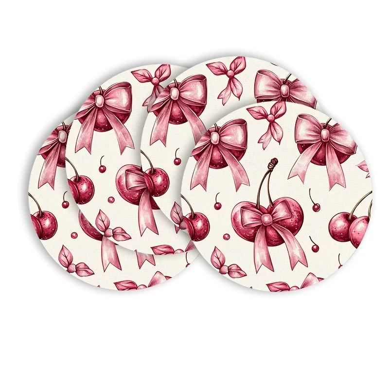 

Набор из 4 круглых салфеток ко Дню святого Валентина, 15 дюймов, с узорами розовой вишни и бантом на белом фоне.
