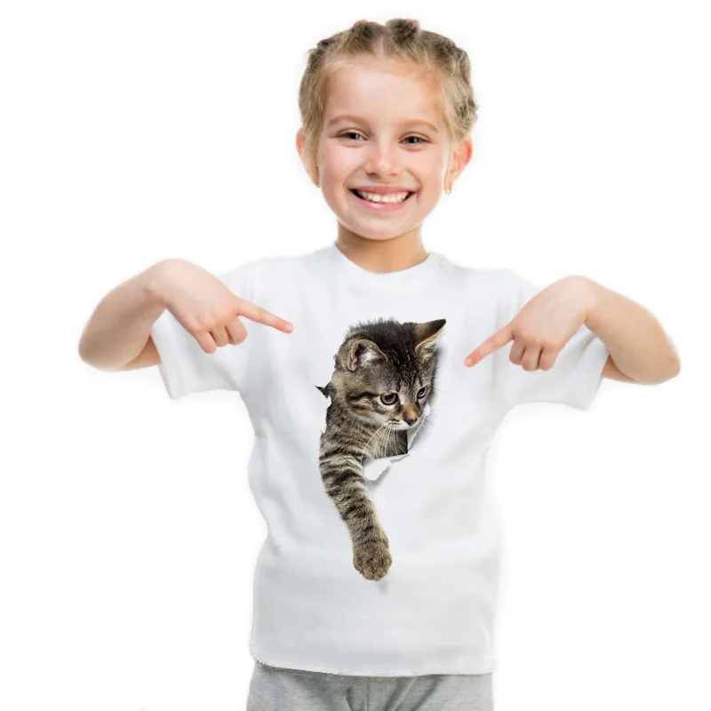 Qiao Skin Cat 3d Cat Broken Paper Cat Print Men's and Women's Children's T-shirt White Casual Short-sleeved Children's Wear