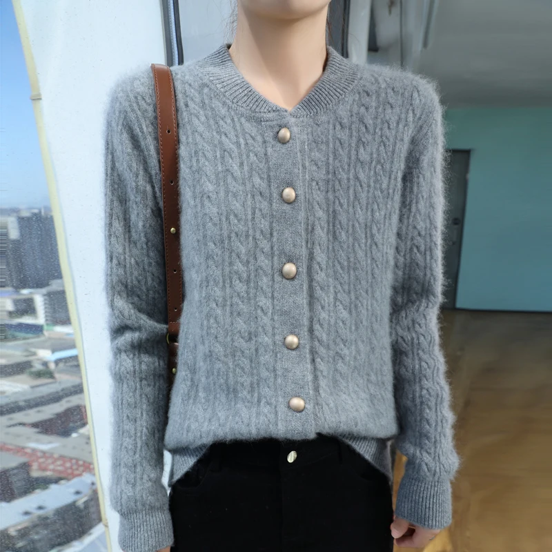 Autumn and winter 100% pure wool ladies warm sweater stand collar cardigan new padded cashmere casual knit top.