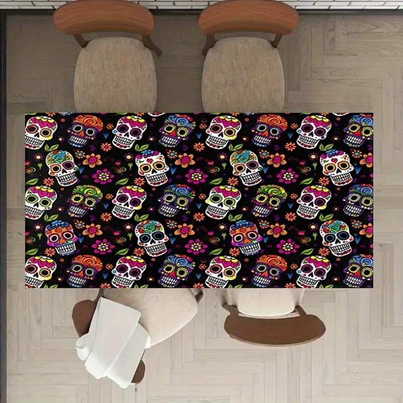 VIKAMA Sugar Skull Tablecloth Black Colorful Calavera Flower Rectangular Washable Day of the Dead Halloween Dining Cover Decor