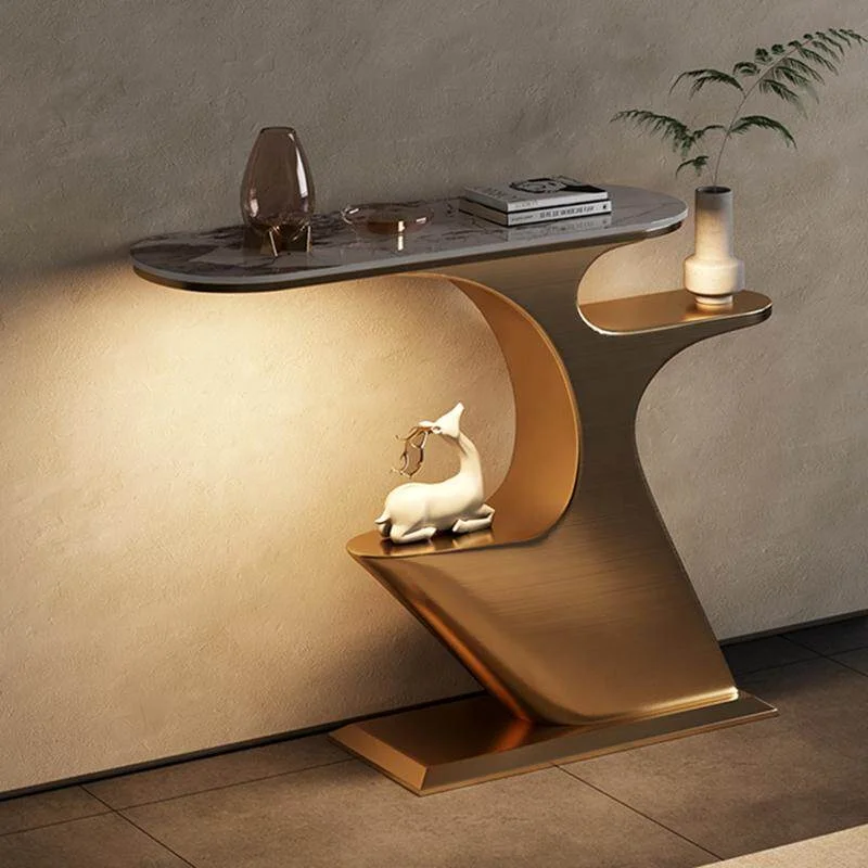 #Italian Light Luxury Modern Simple Stainless Steel Rock Board Entrance Table Gold Silver Treasure Living Room Furniture