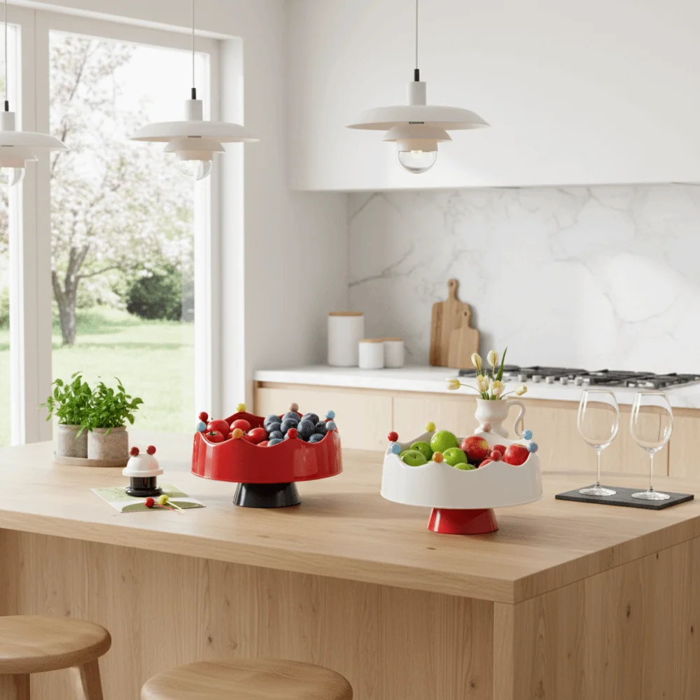 

Large Capacity Fruit Bowl with Fork Detachable Draining Water Snack Plate Crown Design High Legged Fruit Serving Plate