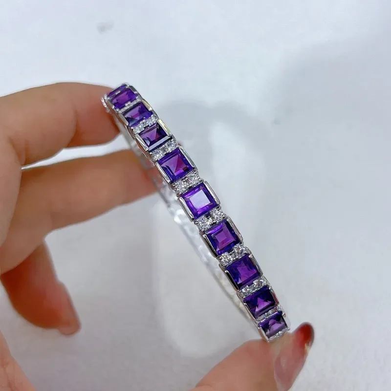 SACE GEMS New Certified 5*5mm Natural Amethyst Bracelets 925 Sterling Silver 18cm for Women Engagement Party Fine Jewelry Gift