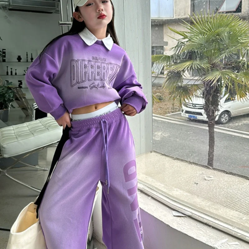 Girls Sweatshirts +Pants Kids Suits 2PCS/Set Cotton 2024 Violet Spring Autumn Cotton Tracksuit Sport Suits Children Clothing