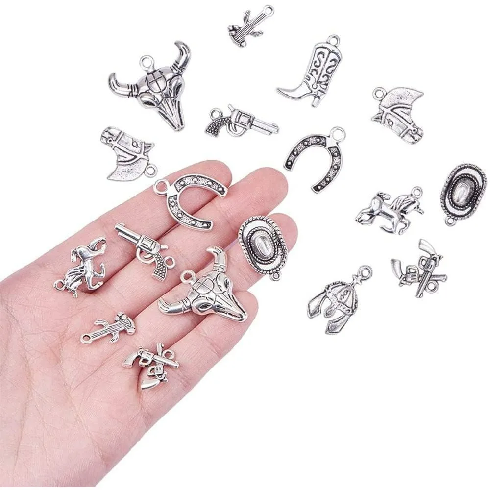 Western Charms Alloy Pendants, Ox-Head, Map with Cyprus, Boot, Revolver Pistol, Unicorn, Double Gun, Horse Head, Cacti, Hat,