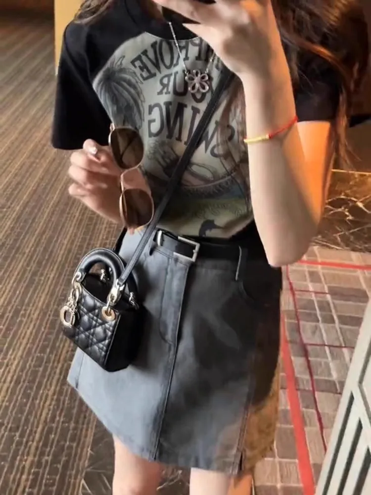 

Summer Fashion Set High Waist A-Line Denim Skirt And Short Sleeve T-Shirt Women's Style Polyester Fiber round Neck Overhead