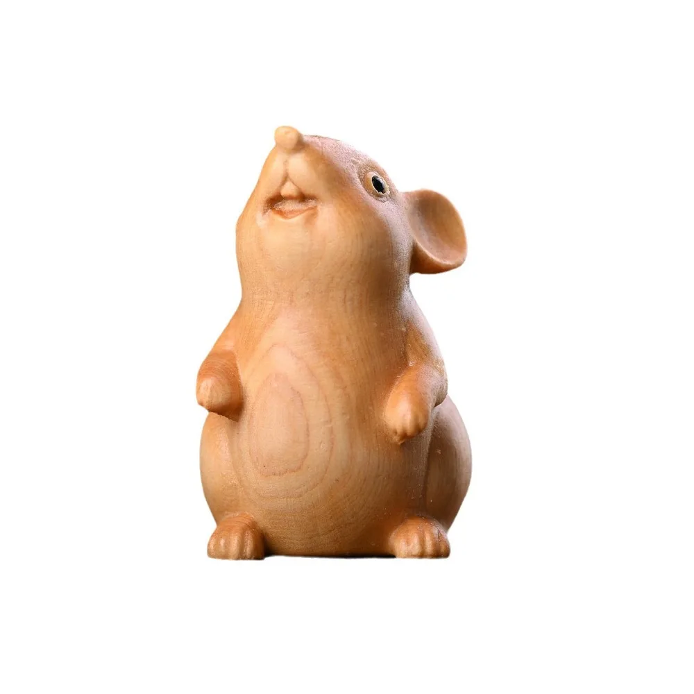 Home Decor Wood Carved Zodiac Mouse Statuette Funny Cute Hamster Statue Decorative Animal Figurine Sculpture Model