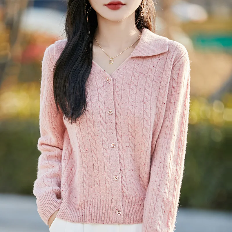 

Женский кардиган из 100% шерсти, однотонный вязаный модный свитер с длинными рукавами и v-образным вырезом, куртка с воротником с лацканами, весна-осень 2023, хит продаж
