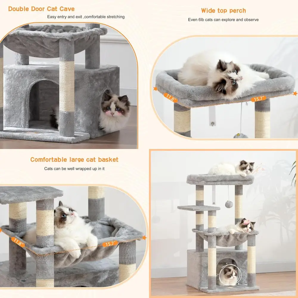 

Большой кошачий домик-дерево с просторной лежанкой, скрытыми отсеками, сизалевыми стойками для когтей и подвесным мячиком для домашних кошек - светло-серый H