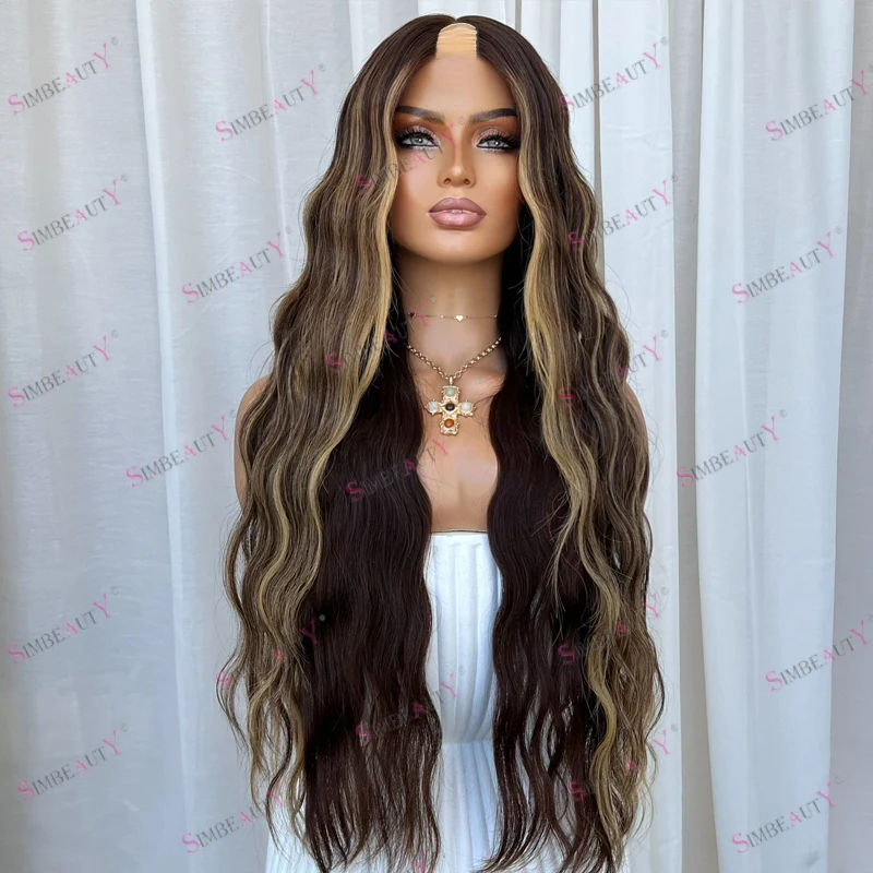 تسليط الضوء على الرماد البني موجة الجسم العميق طويل 26 بوصة الشعر البشري 1x4 حجم الأوسط U جزء الباروكات للنساء السود رخيصة آلة كاملة الباروكات #4