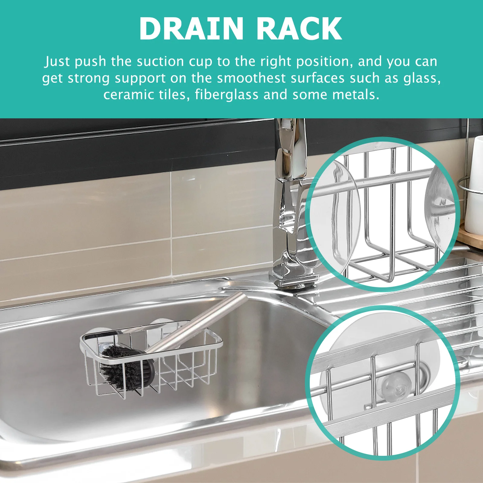 

1Pcs Stainless Steel Suction Cup Storage Rack for Sink Sponge Holder Kitchen Bathroom Organizer Drying Rack Silver