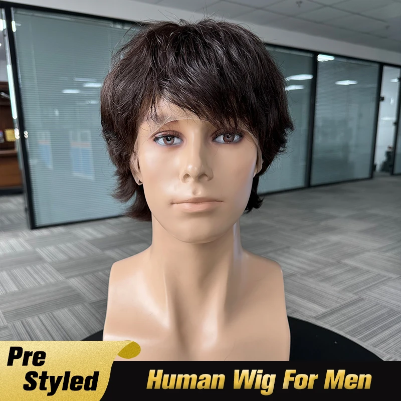 Men's Wig Real Human Hair Pre Style Transparent Lace Male Wigs Men's Capillary Prosthesis Hair System Replacement Pre Cut