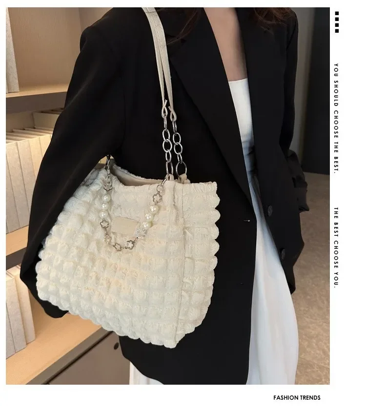 Damen Gesteppte Karierte Wolken-Baumwolltasche, Plissierte Unterarm-Hobo-Shopper-Umhängetasche für den Täglichen Gebrauch – Detail 3