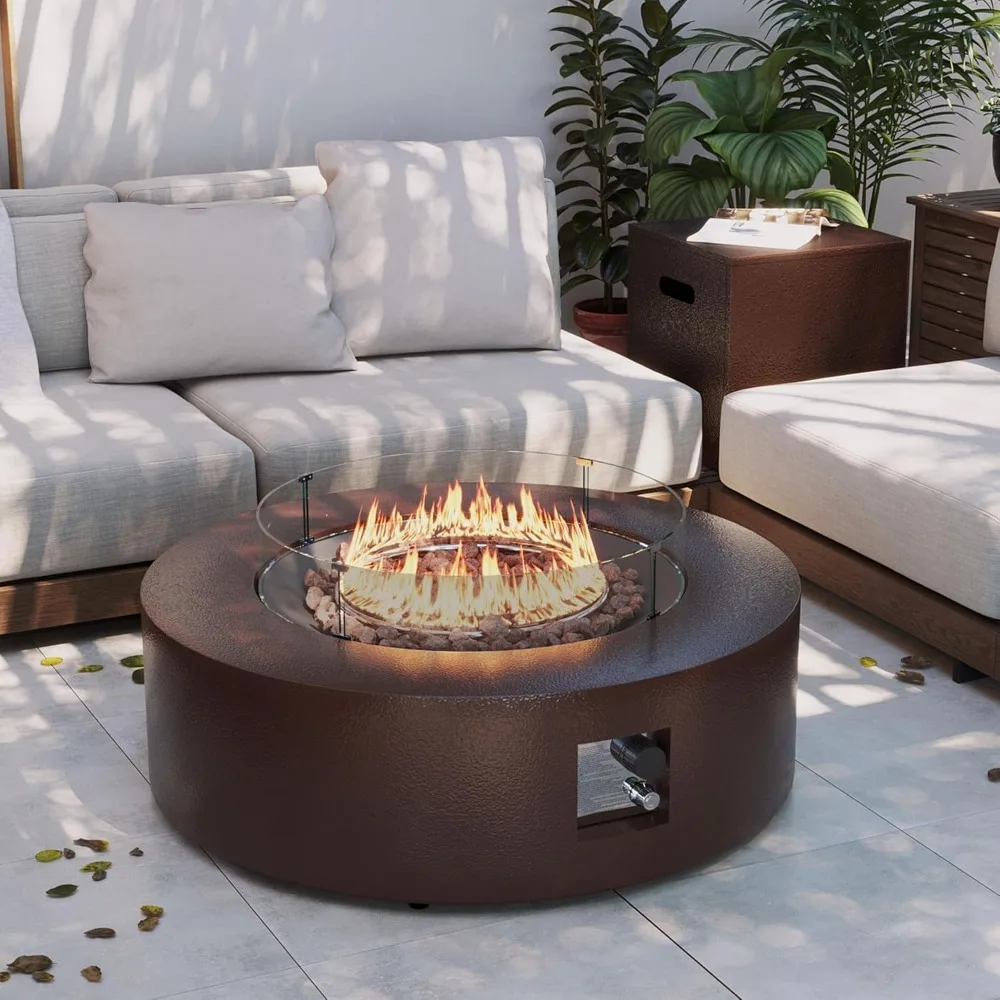 

42-inch Outdoor Propane Gas Fire Pit Table 50000 BTU Iron Round FirePit for Outside Patio with Tank Hidden Table, Wind Guard, R