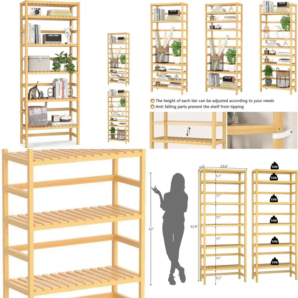 

6-уровневая бамбуковая книжная полка, регулируемая высота 63,4, компактная полка для хранения для дома и офиса, натуральная отделка