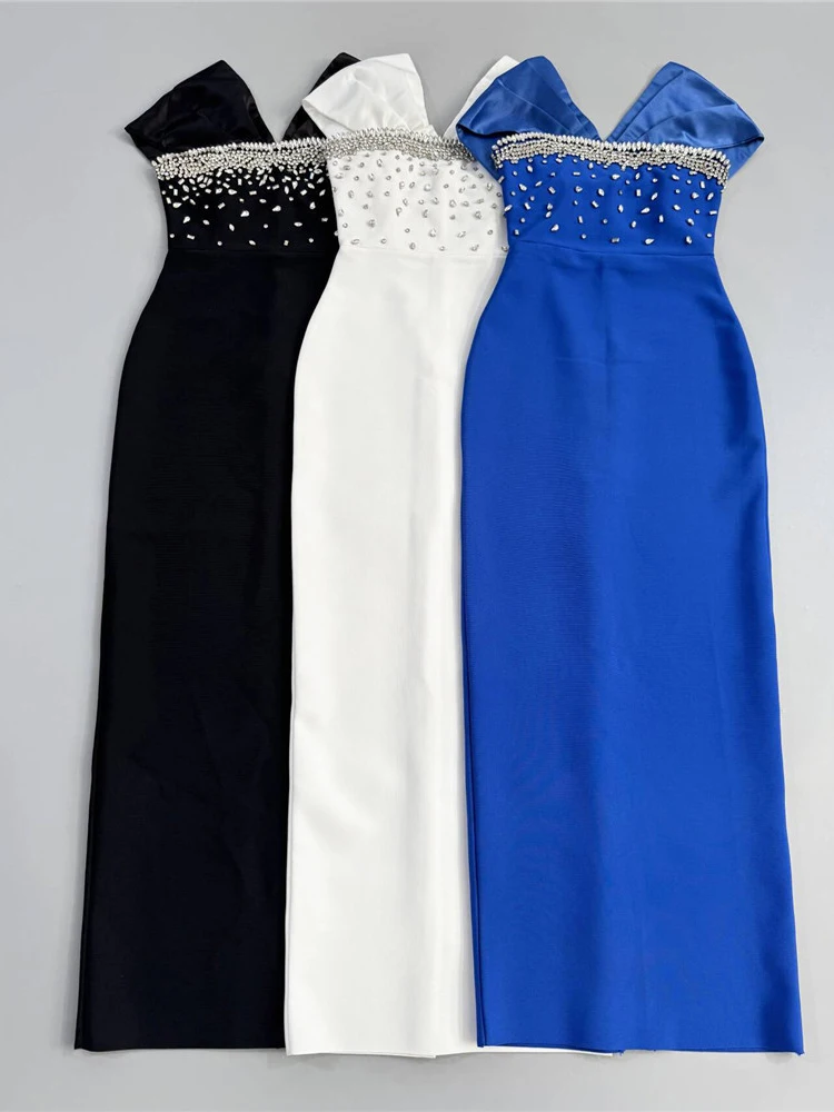 Sexy weg von der Schulter Diamanten Verbandkleid Frauen schwarz ärmellos glänzende Kristall figurbetont lange Kleider Abend Party Kleider