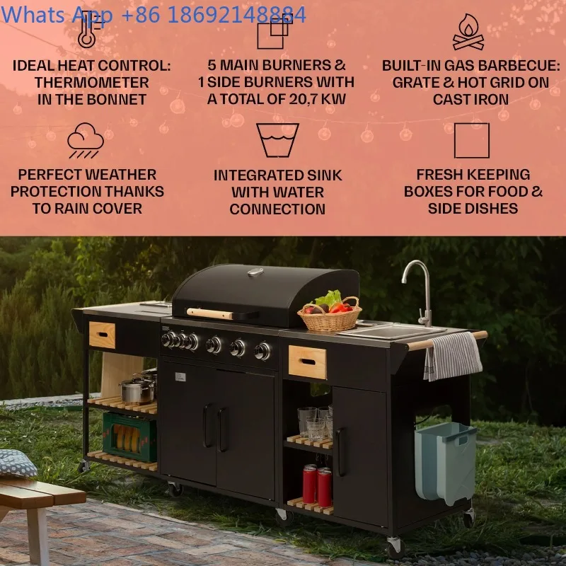 Grill Patio BBQ Table Combination Outdoor Kitchen with Side Stove Sink Movable Outdoor Island