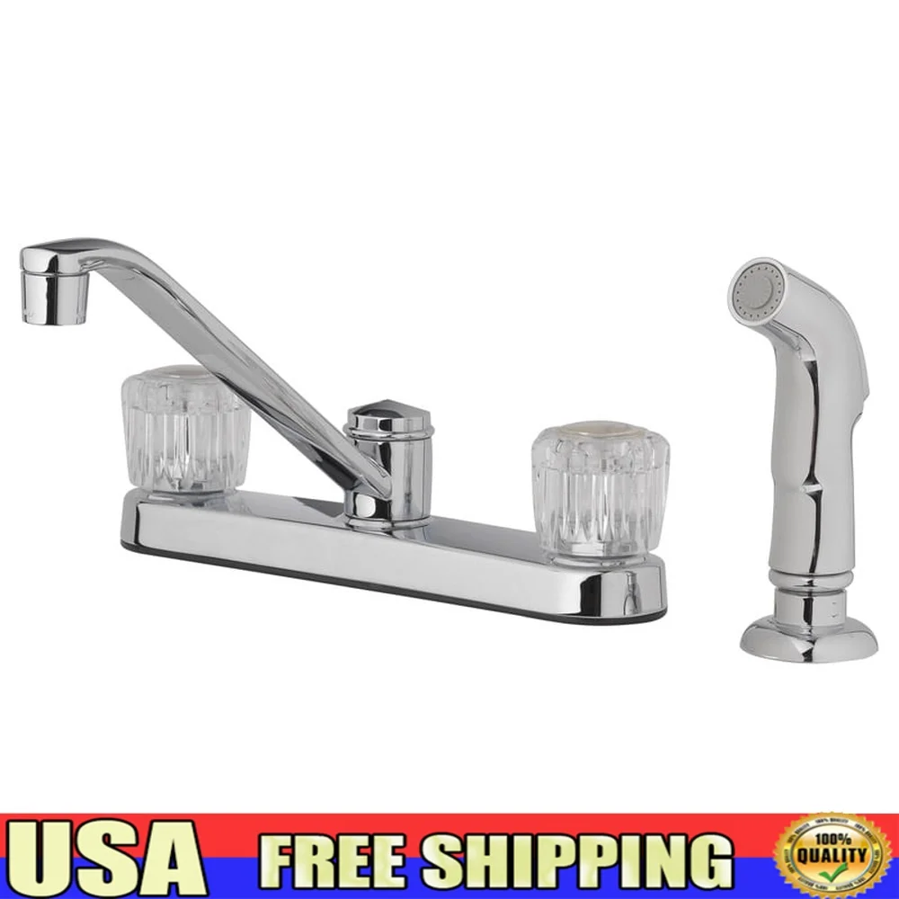 

Кухонный смеситель с двумя ручками и боковым распылителем. Хромированная отделка. Прочные латунные хвостовики. Простая установка. Универсальный дизайн. Для домашнего использования.