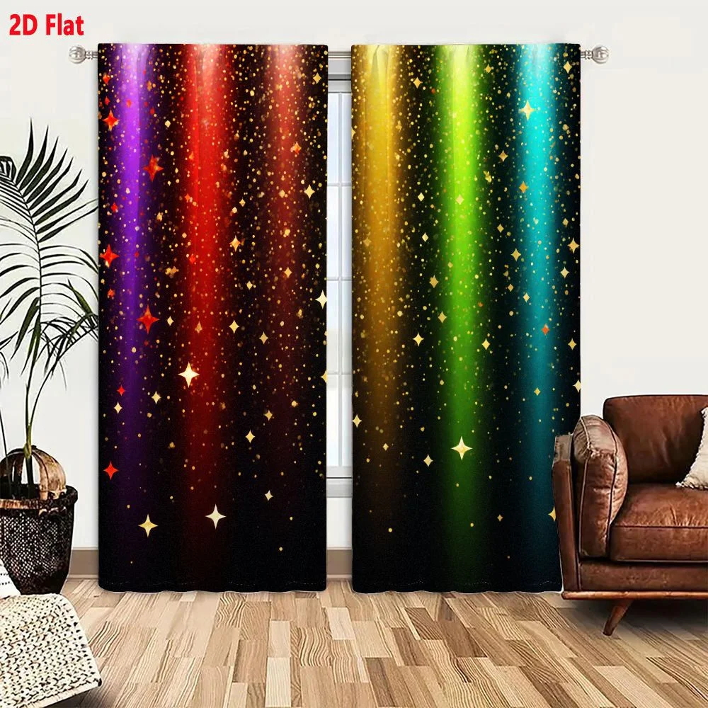 2Pcs Curtains 2D Flat Vibrant Abstract Background With Vertical Light Beams Purple Red Yellow Green Blue And Golden Stars Sparkl