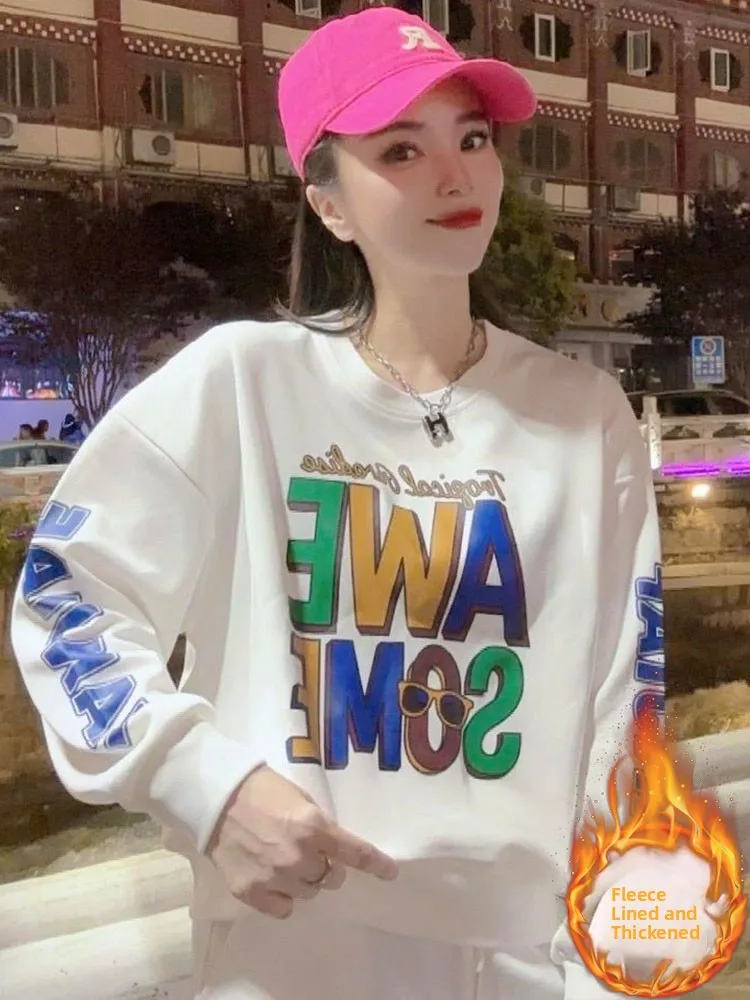 เสื้อฮู้ดผู้หญิงทรงหลวม ผ้าซับในหนา อุ่นสบาย ใส่ได้ทั้งฤดูใบไม้ร่วงและฤดูหนาว ไซส์ใหญ่ ช่วยให้ดูผอมเพรียว