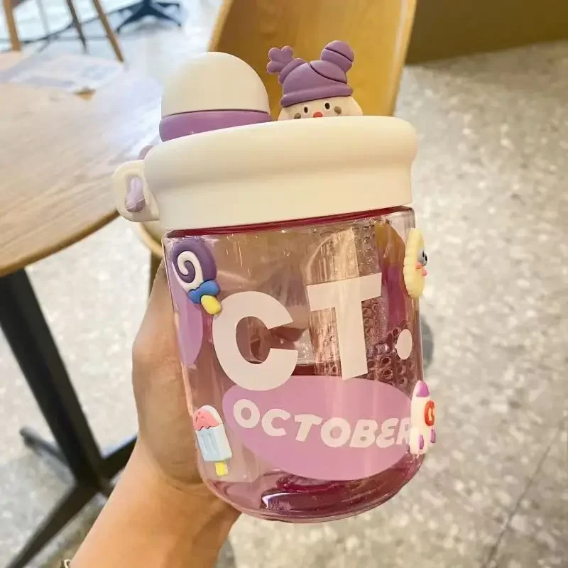 كوب ماء 500 مل للفتيات زجاجة بلاستيكية ذات سعة كبيرة نموذج صيفي جديد مع مصفاة شاي كوب بقشة للشرب المزدوج
