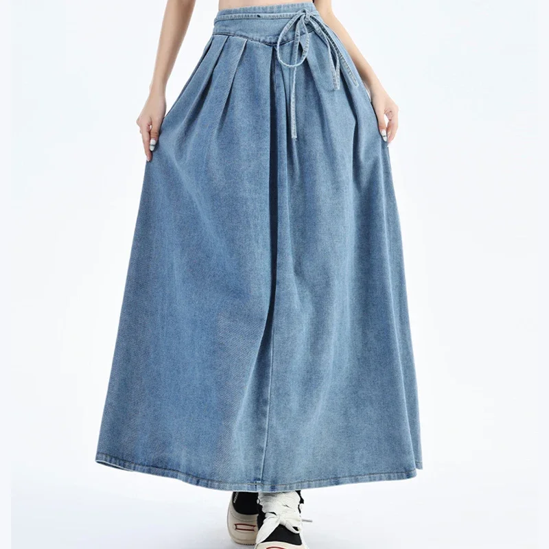 Women High Waist Fashion Loose Denim Skirt Girls Long Pleated A Line Dress Female Elegant Deep Blue Light Blue Skirts Large Size