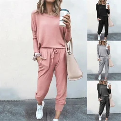 Hot Women's Long Sleeve Round Neck Top and Pants Set Simple Solid Colour Pajama Set Casual O Neck Two Piece Outfit