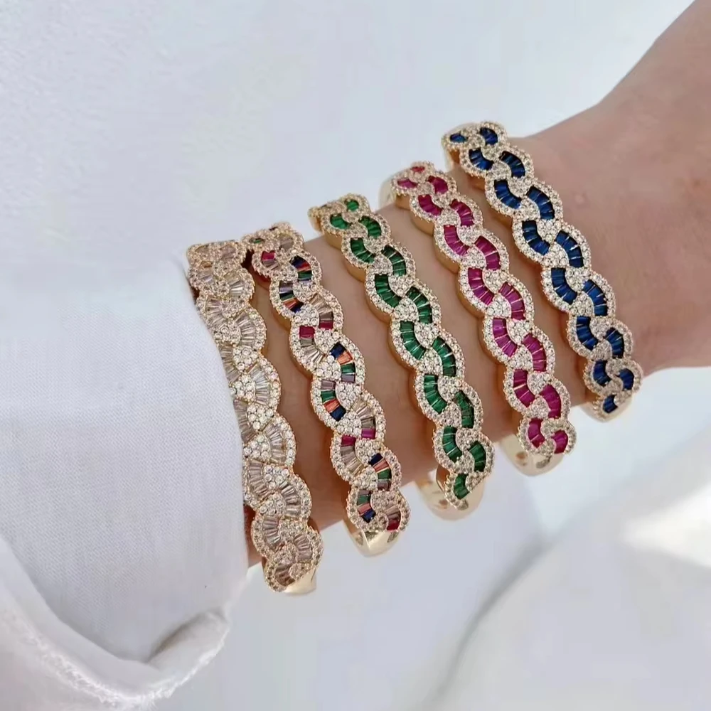 Popular Fanshaped Micro CZ Pave Jewelry Cuff Bangle Rainbow Zircon Color Open Size Bracelet for Women