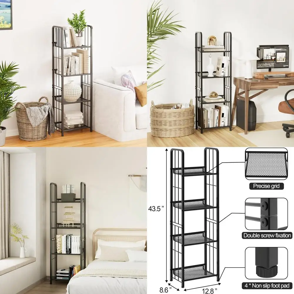 

4-уровневый черный металлический стеллаж в деревенском стиле для хранения в нескольких помещениях: гостиная, спальня, кухня