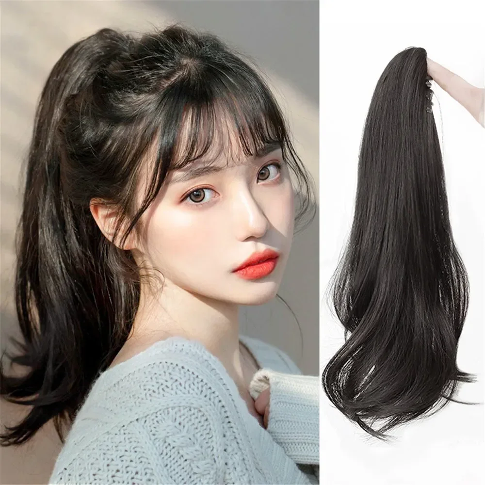 45cm Long Straight Synthetic Ponytail Wig Bandage Style Natural Look Hair Extensions Curly Hairpiece for Women Daily Styling