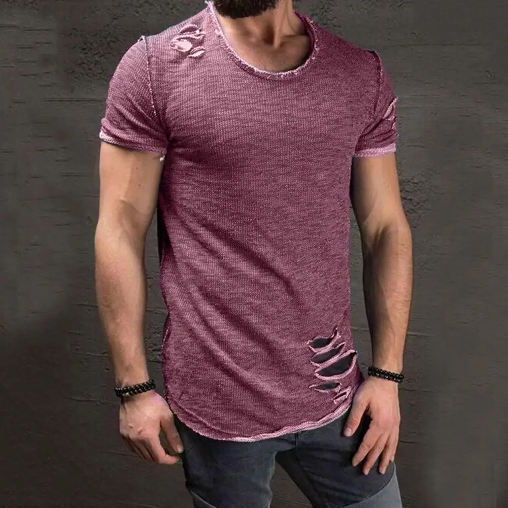 Cotton Blend Stylish Hole Design Top Pullover Cloth Men Shirt Solid Color Casual Short Sleeve T-Shirt Men Clothes for Running