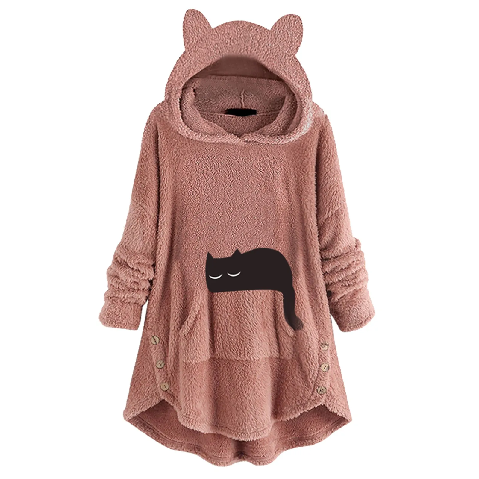 Fashion Hoodies Women Jacket Button Cat Ear Coat Tops Hooded Pullover Loose Sweatshirts Plus Size Warm Thick Fleece Outerwear