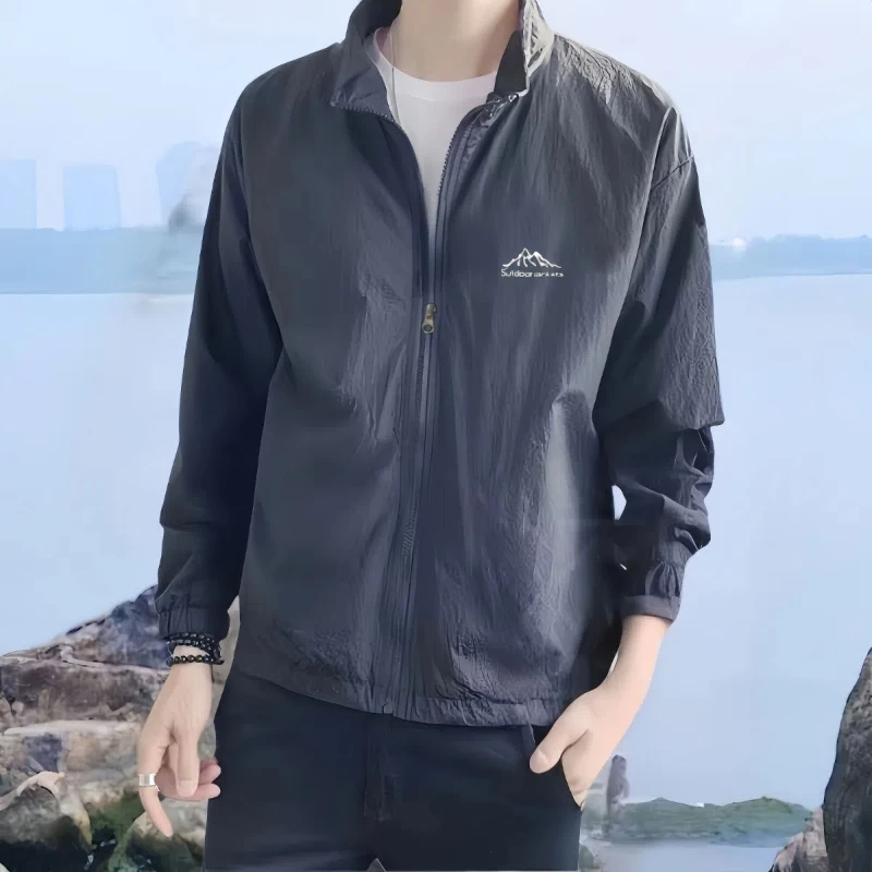 New Sunscreen Men\'s 2024 Splicing Stand Collar Printed Letter Zipper Pocket Fashion Solid Versatile Loose Long Sleeve Jackets
