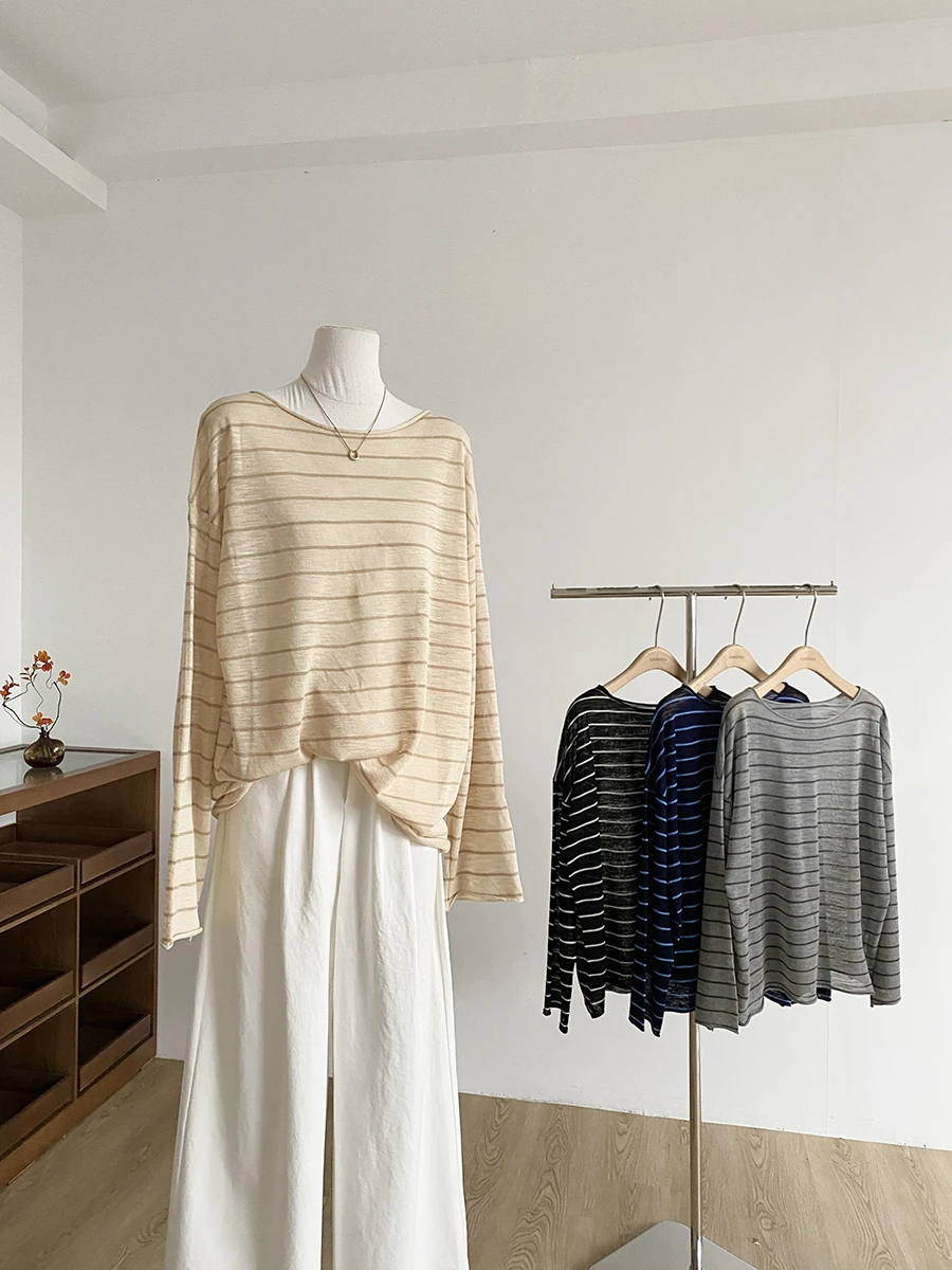 

Свободный женский трикотаж, длинный полосатый топ све, удобный ленивый сарафан, корейская мода, ранняя осень, Новое поступление, полиэфирное волокно