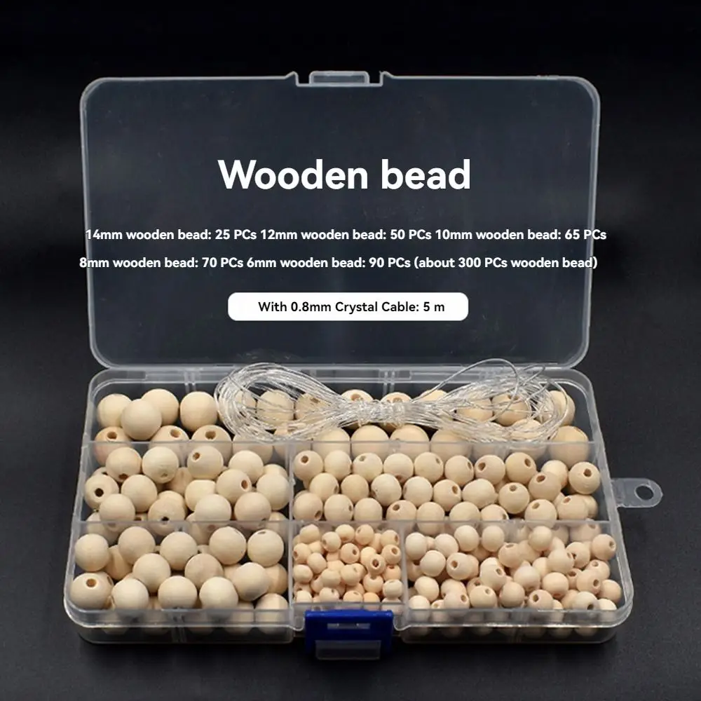 

300Pcs 6-14mm Wooden Beads Stainable Smooth Unfinished Loose Beads with 5m Rope Craft Making Natural Round Beads