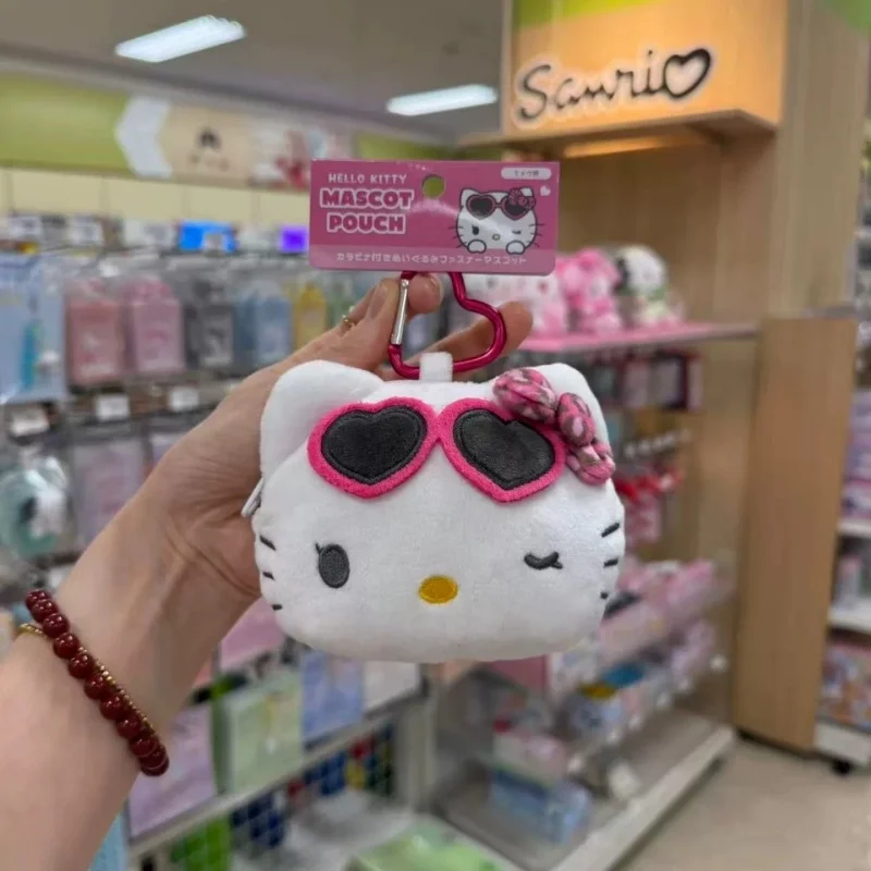 Sanrio gafas de sol en forma de corazón monedero de felpa de gatito todo negro llavero de felpa de gatito esponjoso bolsa de almacenamiento de cosméticos bolsa en forma de oreja