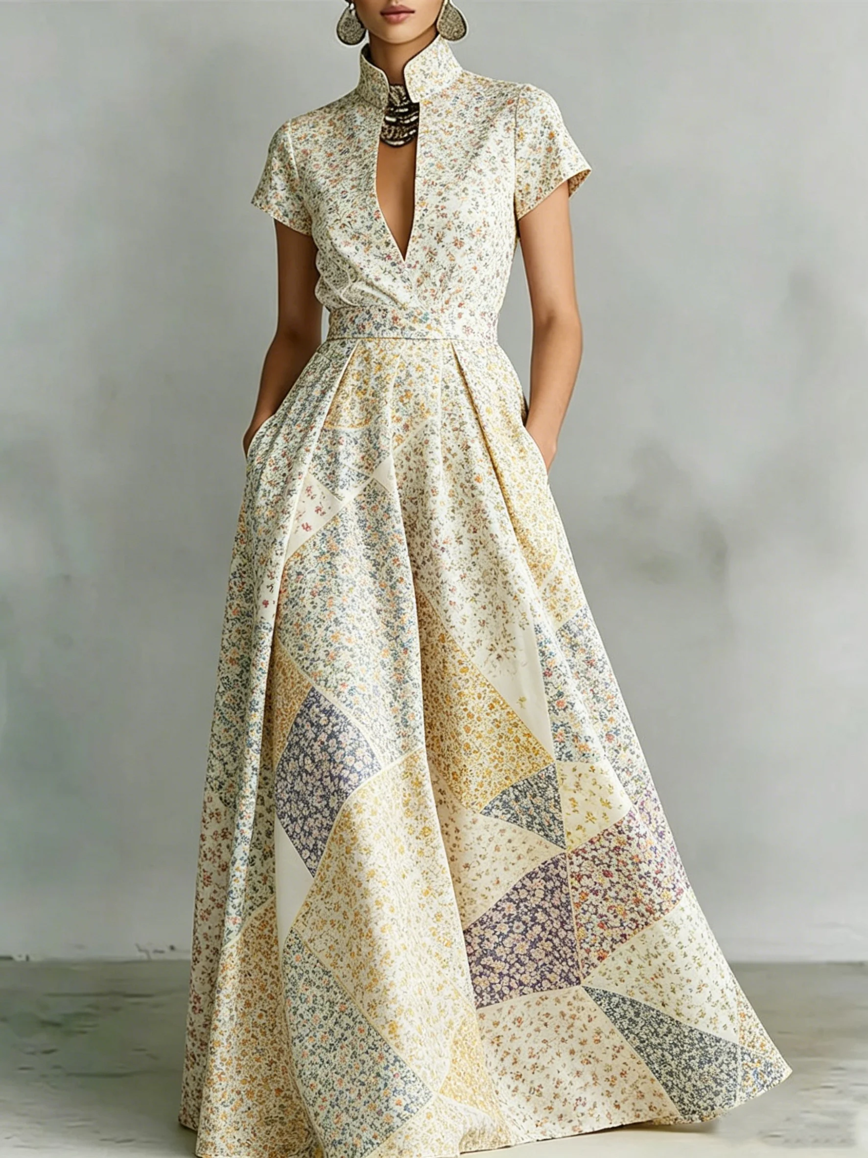 

Women's Fashion Stand Collar Patchwork Tiny Floral Maxi Dress Gown Short Sleeve Side Pocket Slim Summer Luxury Long Dress