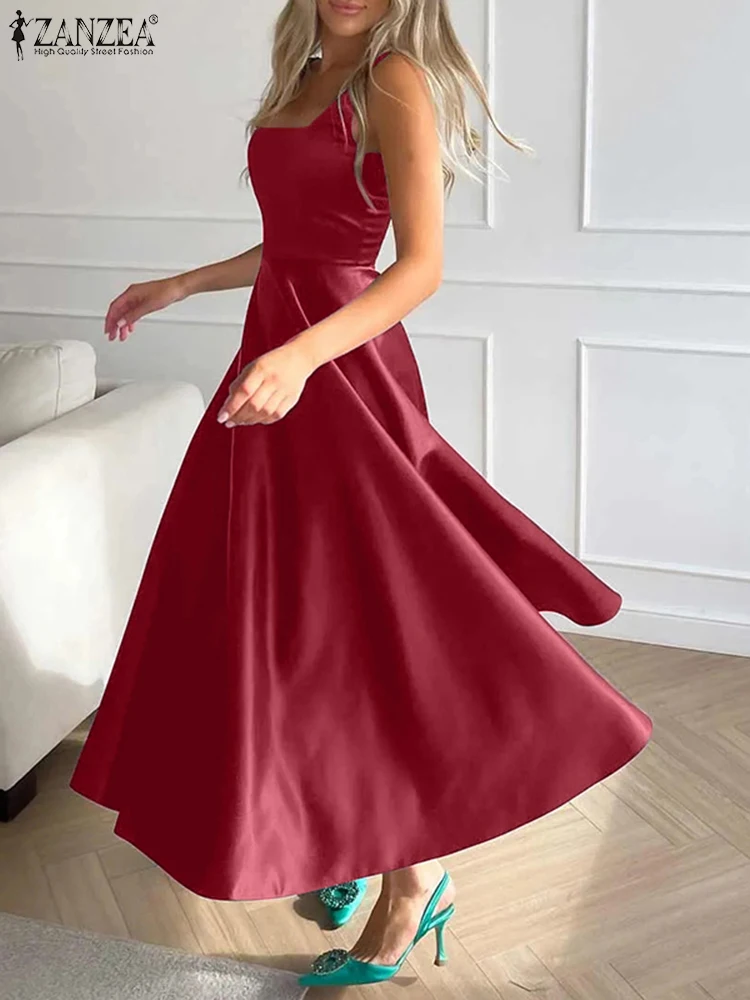 

ZANZEA Holiday Waisted Party Robe Sexy Satin Tank Dresses Summer 2025 Square Collar Maxi Vestidos Vintage Women Strapless Dress