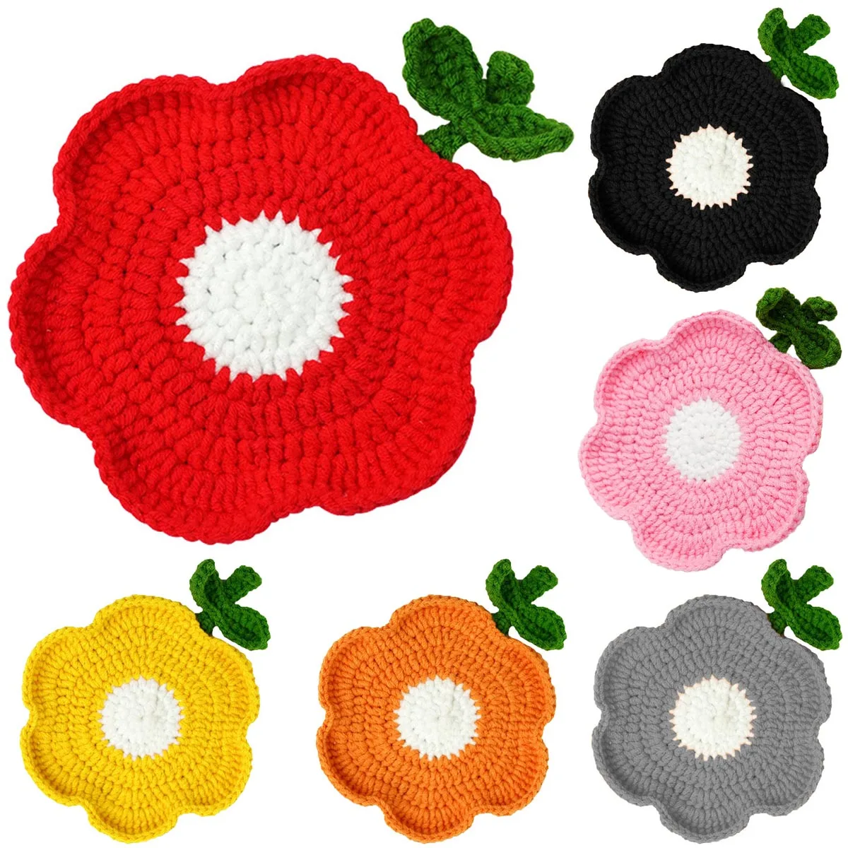 BomHCS    6PCS Multi Knitted Green Leaves Flower Mats for Cup Placemats Small Coffee Mug Doilies