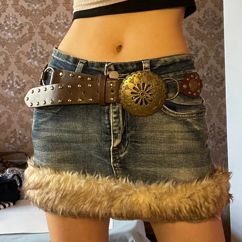 

PBAP Faux Fur Woman Denim Skirt Vintage Washed Patchwork Pockets Loose High Waist Slim Mini Skirt Trendy Korean Y2k Streetwear