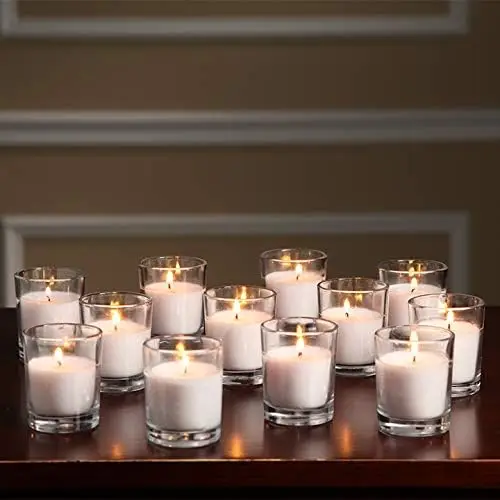 

48-Pack Ivory Unscented Votive Candles, Clear Glass, 10-12 Hr Burn, Hand-Poured, Ideal for Weddings, Parties