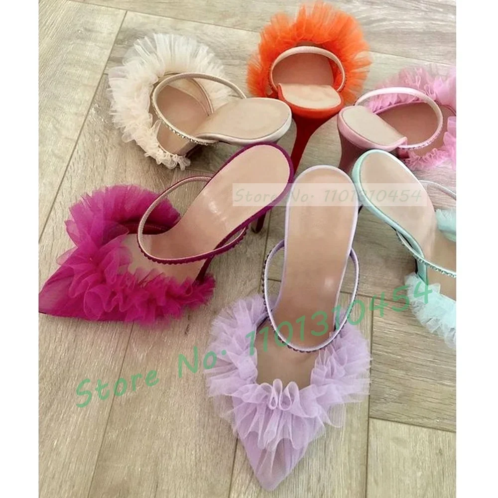 

Crystal-Embellished Tulle Mules Women Luxury Textile Upper Pointy Stiletto High Heels Shoes Female Solid Elegant Ruffles Slipper