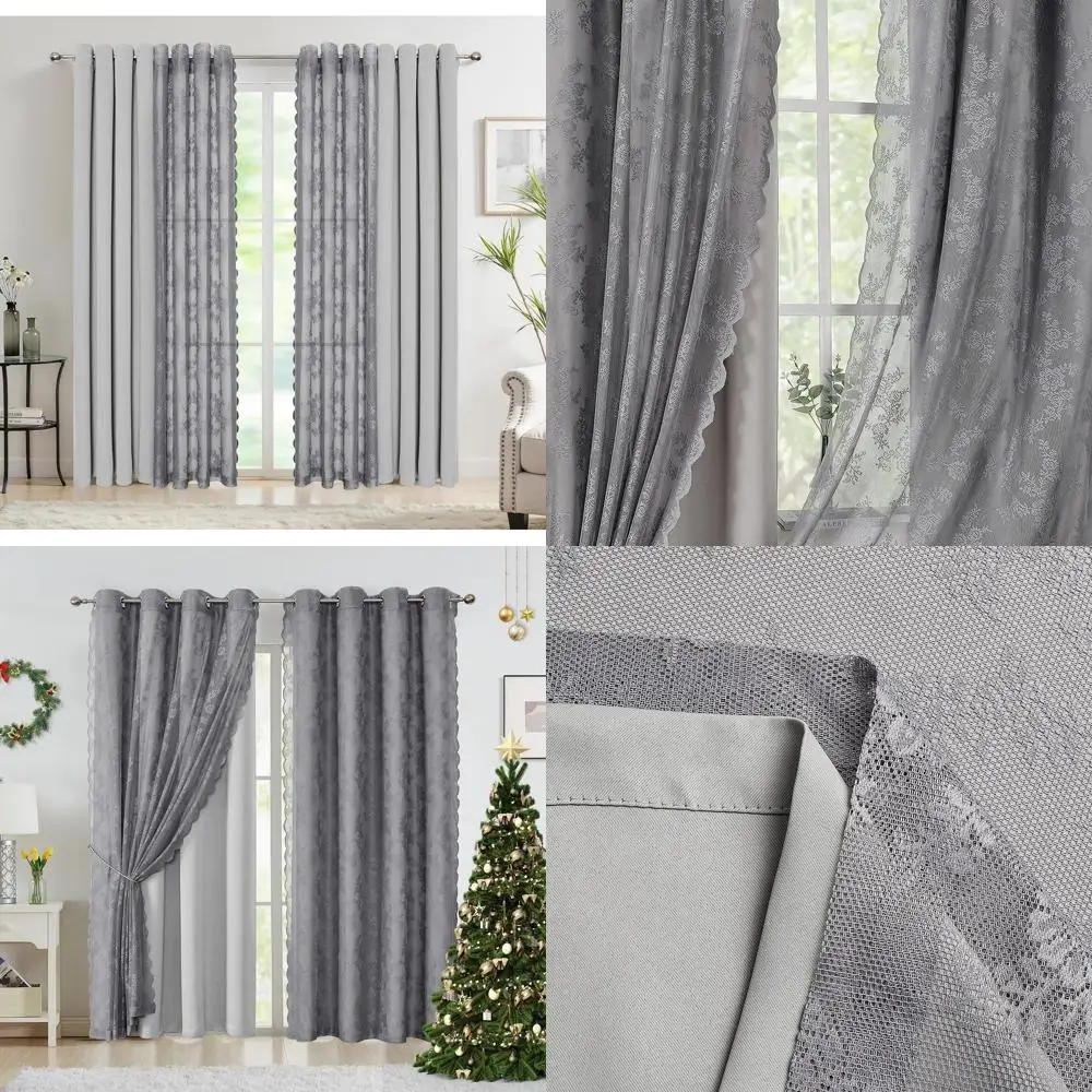 

Винтажные серые кружевные шторы с цветочным принтом и однотонные плотные шторы, длина 84, комплект из 4 предметов, верхняя часть люверса, ширина 52, для спальни и гостиной